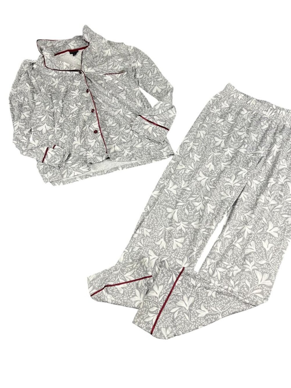 Tahari Womens Grey Floral Pajama Set With Burgundy Piping M